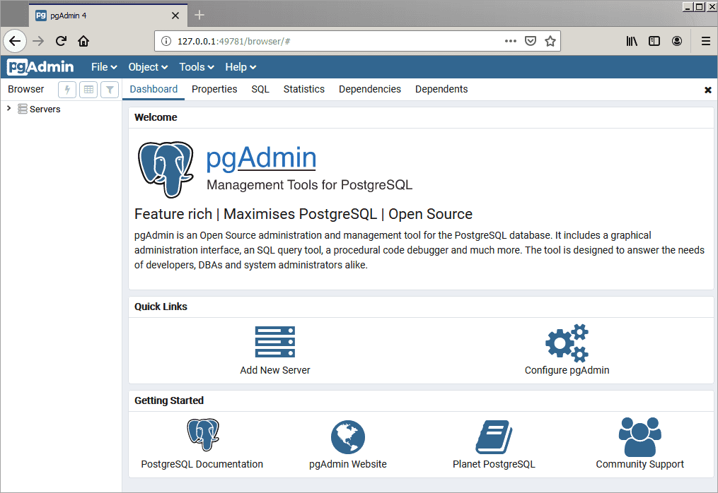 The pgAdmin 4 client dashboard